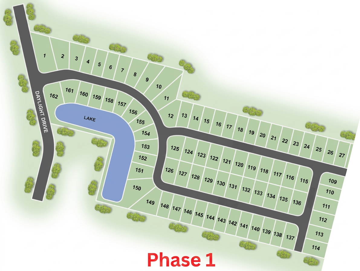 Daylight Estates Phase 1 site plan showing homesites, lake and Daylight Drive in Evansville, Indiana